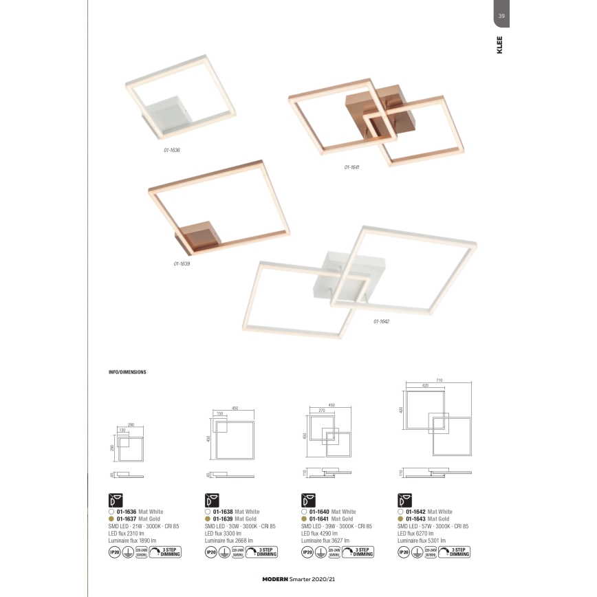 Redo 01-1638 - Ρυθμιζόμενο LED φωτιστικό οροφής KLEE LED/30W/230V 45x45 cm λευκό