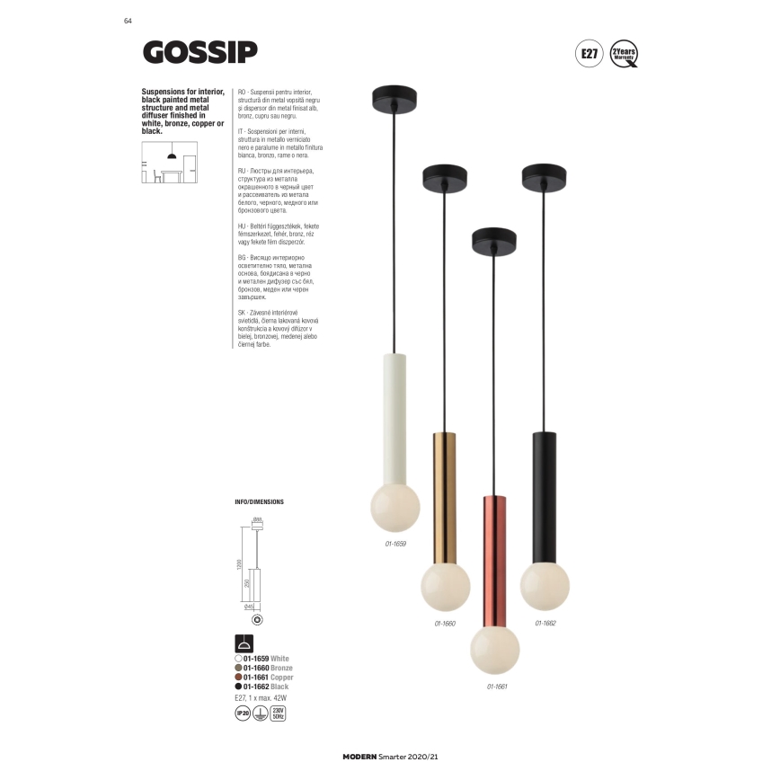 Redo 01-1661 - Κρεμαστό φωτιστικό οροφής GOSSIP 1xE27/42W/230V χαλκός