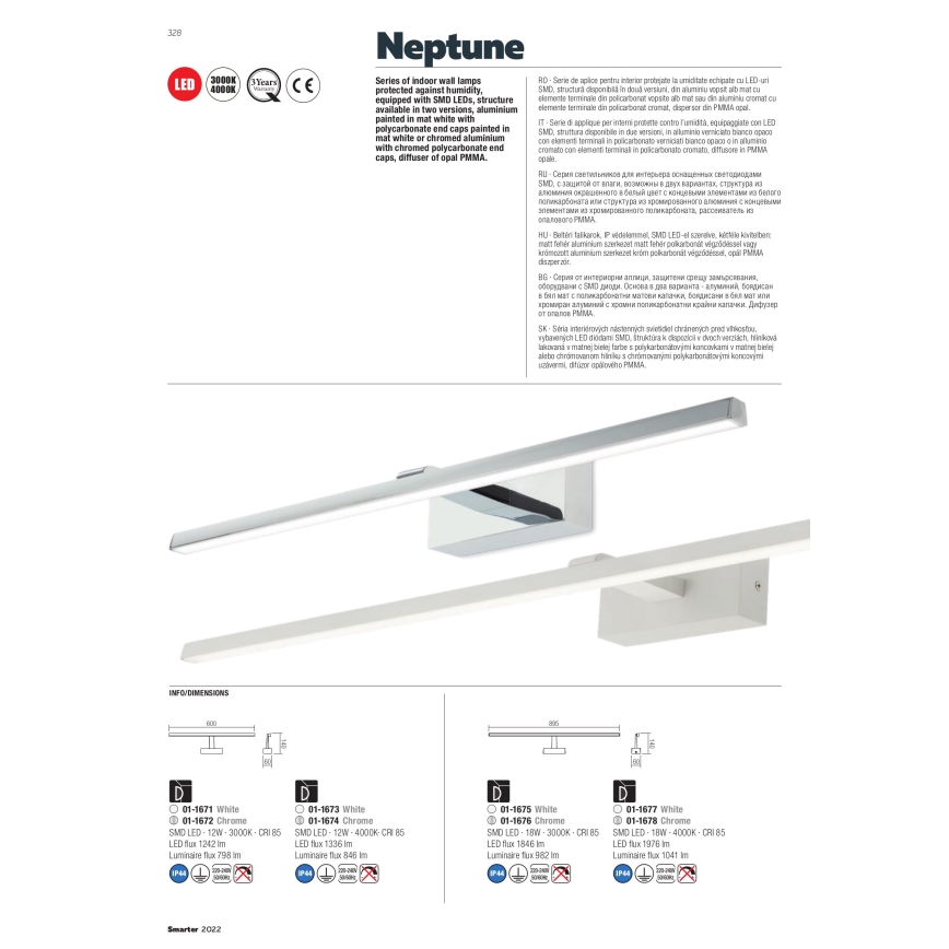 Redo 01-1678 - LED φωτιστικό καθρέφτη μπάνιου NEPTUNE LED/18W/230V 89,5 cm IP44 γυαλιστερό χρώμιο
