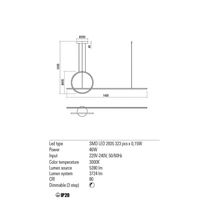 Redo 01-1734 - Led Dimmable κρεμαστό φωτιστικό οροφής GIOTTO LED/46W/230V λευκό