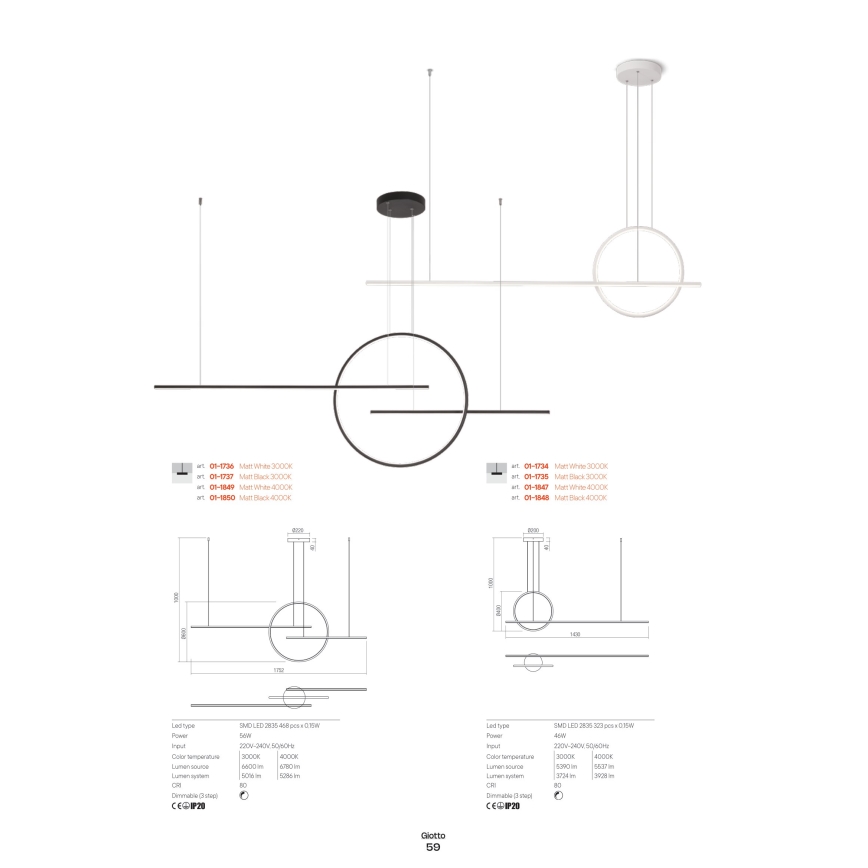 Redo 01-1736 - Led Dimmable κρεμαστό φωτιστικό οροφής GIOTTO LED/56W/230V λευκό