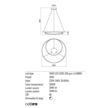 Redo 01-1793 - Led Dimmable κρεμαστό φωτιστικό οροφής TORSION LED/29W/230V διάμετρος 55 cm λευκό