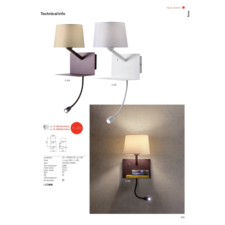 Redo 01-1807 - Φωτιστικό τοίχου LED με ένα flexible μικρό lamp TOMO 1xE27/42W/230V + LED/3W/230V λευκό