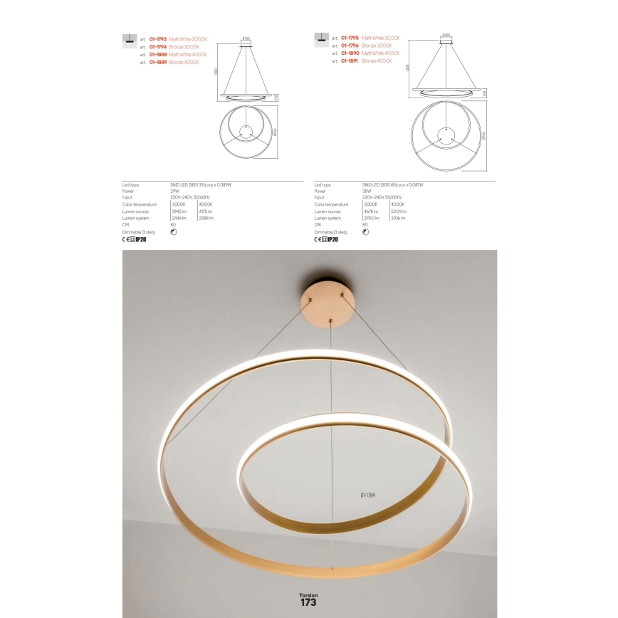 Redo 01-1891 - Ρυθμιζόμενο LED κρεμαστό φωτιστικό με ανάρτηση σε καλώδιο TORSION LED/35W/230V 4000K Ø 75 cm μπρονζέ