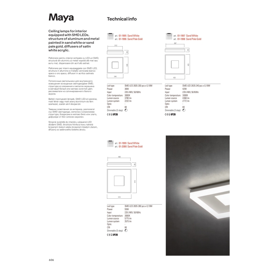 Redo 01-1998 - Ρυθμιζόμενο φωτιστικό οροφής MAYA LED/42W/230V 42,5x42,5 cm χρυσό