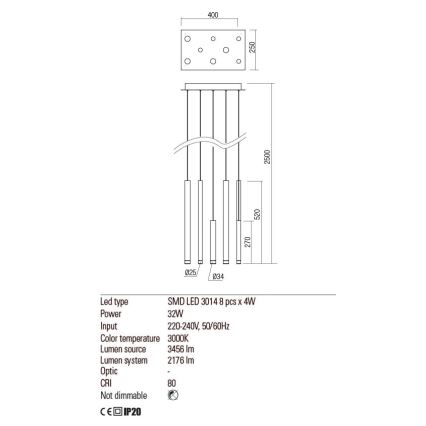 Redo 01-2046 - Πολύφωτο LED με συρματόσχοινο MADISON 8xLED/4W/230V χρυσαφί