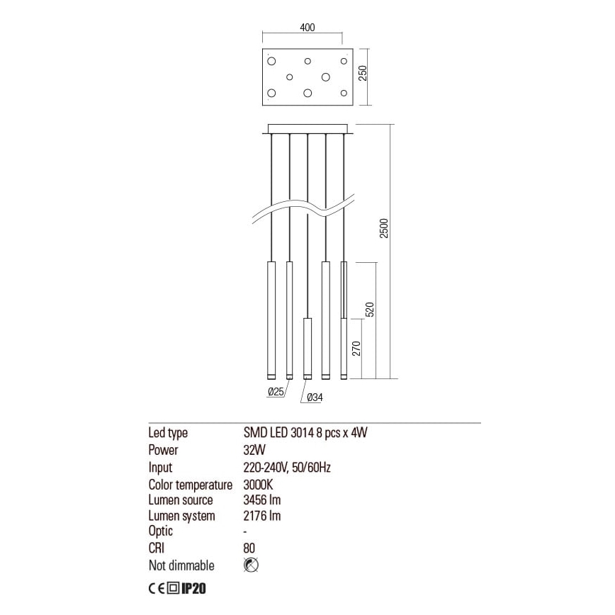 Redo 01-2049 - Πολύφωτο LED με συρματόσχοινο MADISON 8xLED/4W/230V γυαλιστερό χρώμιο/μαύρο/χαλκός