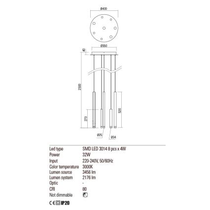 Redo 01-2050 - Πολύφωτο LED με συρματόσχοινο MADISON 8xLED/4W/230V χρυσαφί