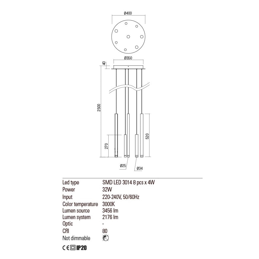 Redo 01-2051 - Πολύφωτο LED με συρματόσχοινο MADISON 8xLED/4W/230V χαλκός