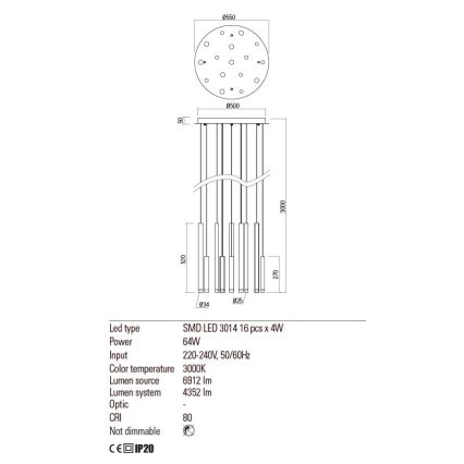 Redo 01-2058 - Κρεμαστό φωτιστικό οροφής LED MADISON 16xLED/4W/230V χρυσαφί