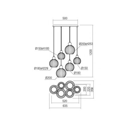 Redo 01-2070 - Πολύφωτο με συρματόσχοινο PLUMEN 6xE14/42W/230V χαλκός