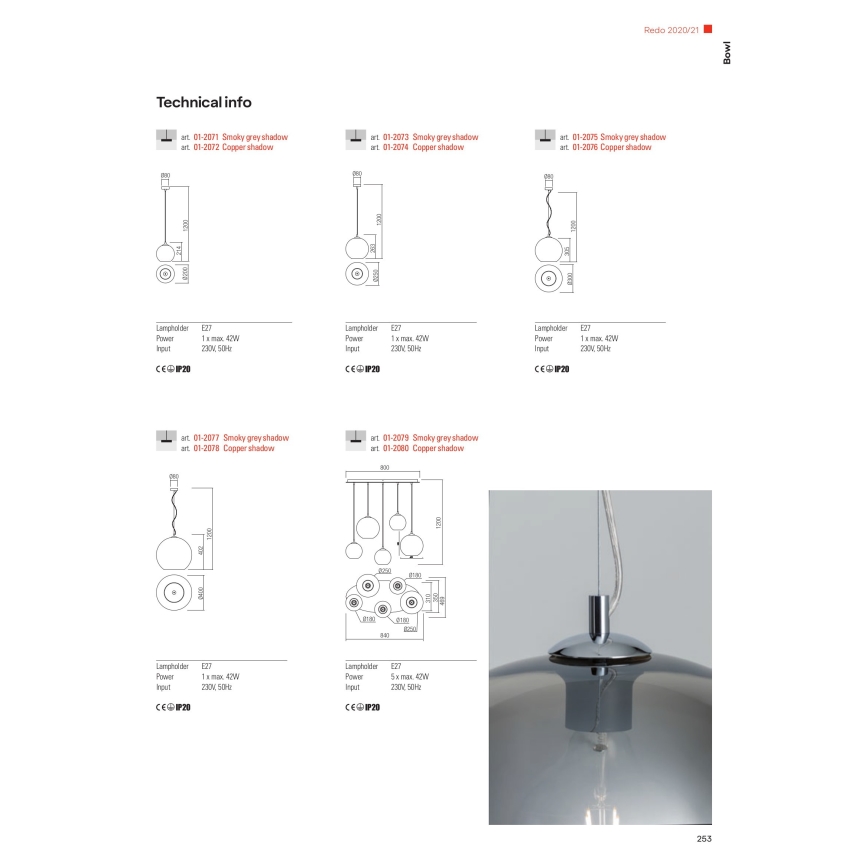 Redo 01-2080 - Κρεμαστό φωτιστικό οροφής BOWL 5xE27/42W/230V χαλκός