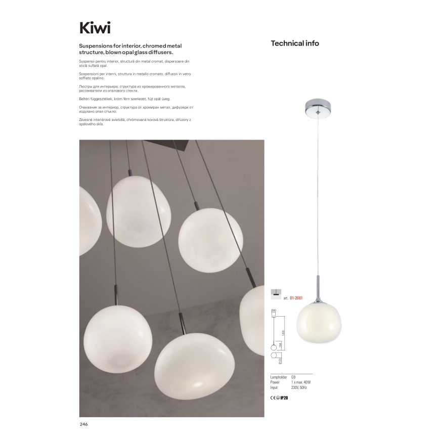 Redo 01-2081 - Κρεμαστό φωτιστικό με καλώδιο KIWI, 1xG9/40W/230V, Ø 12 εκ., γυαλιστερό χρώμιο/λευκό