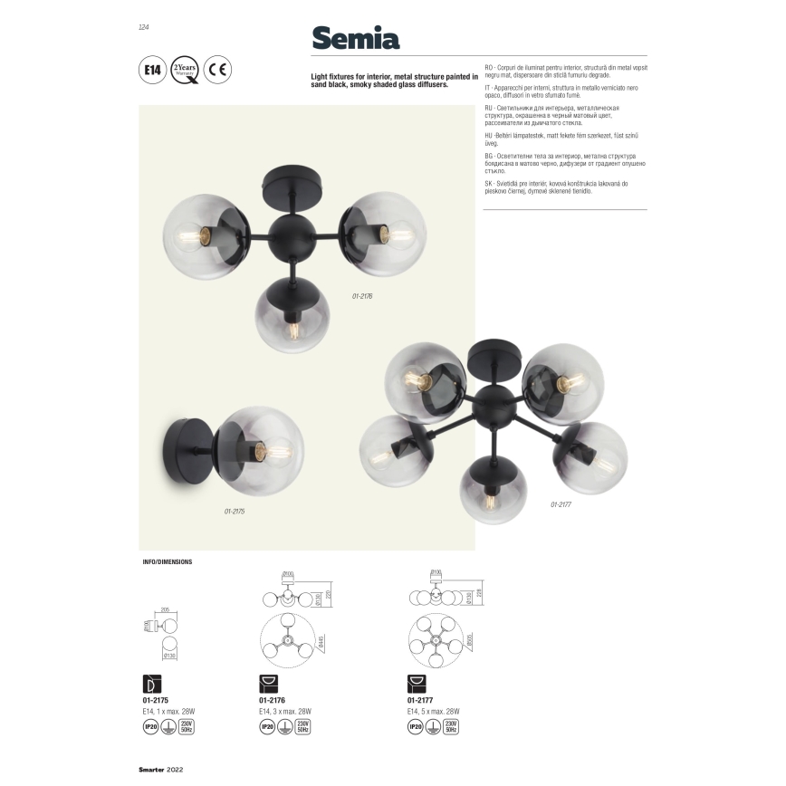 Redo 01-2175 - Επιτοίχιο φωτιστικό SEMIA 1xE14/28W/230V μαύρο/καπνιστό