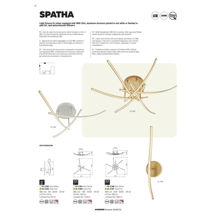 Redo 01-2185 - Φωτιστικό οροφής LED SPATHA 3xLED/6W/230V 3000K χρυσαφί