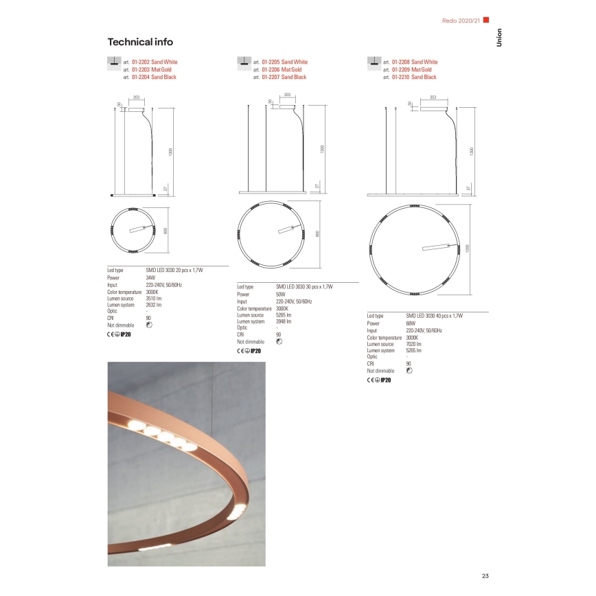 Redo 01-2209 -  Κρεμαστό φωτιστικό οροφής LED UNION LED/68W/230V CRI 90 3000K διάμετρος 120 cm χρυσαφί
