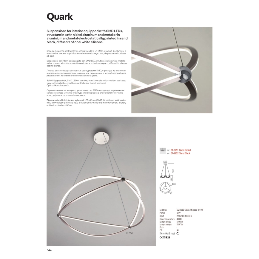 Redo 01-2251 - Led Dimmable κρεμαστό φωτιστικό οροφής QUARK LED/43W/230V 3000K διάμετρος 60 cm ματ χρώμιο