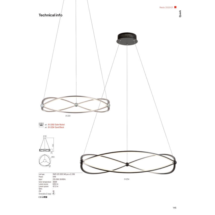 Redo 01-2251 - Led Dimmable κρεμαστό φωτιστικό οροφής QUARK LED/43W/230V 3000K διάμετρος 60 cm ματ χρώμιο