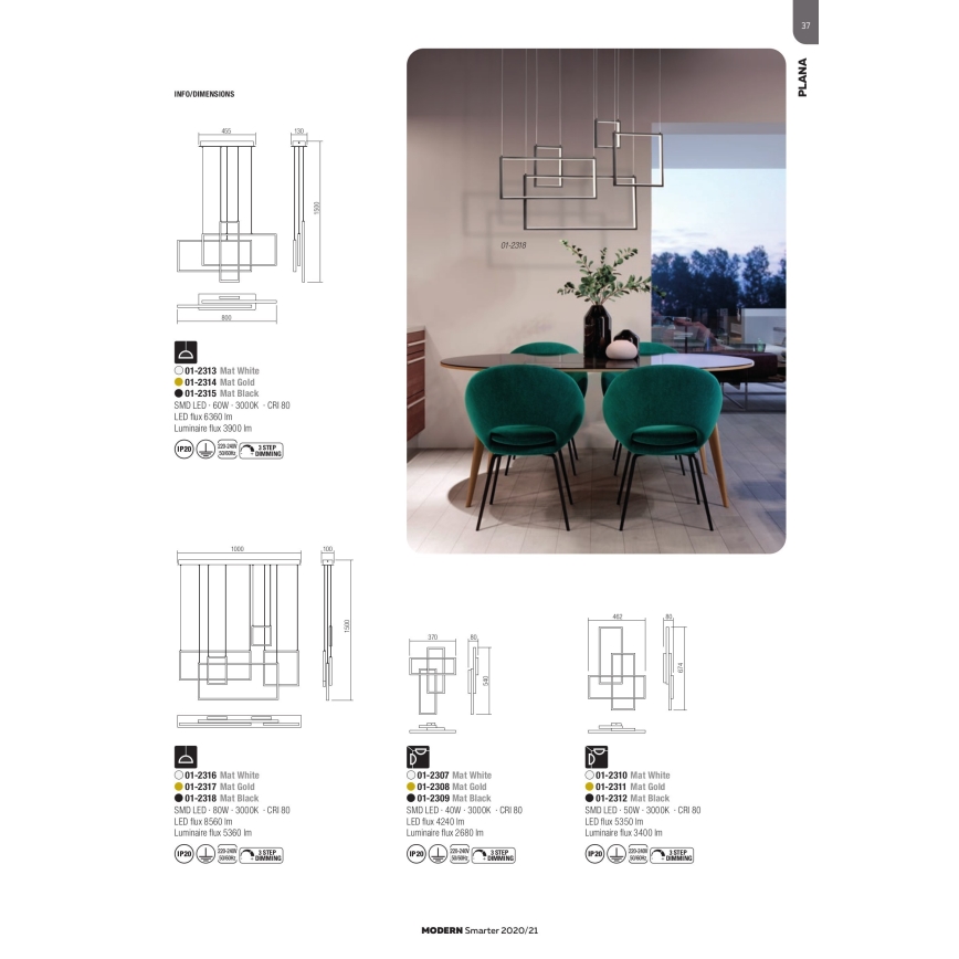 Redo 01-2317 - Ρυθμιζόμενο κρεμαστό φωτιστικό σε καλώδιο PLANA LED/80W/230V, χρυσό