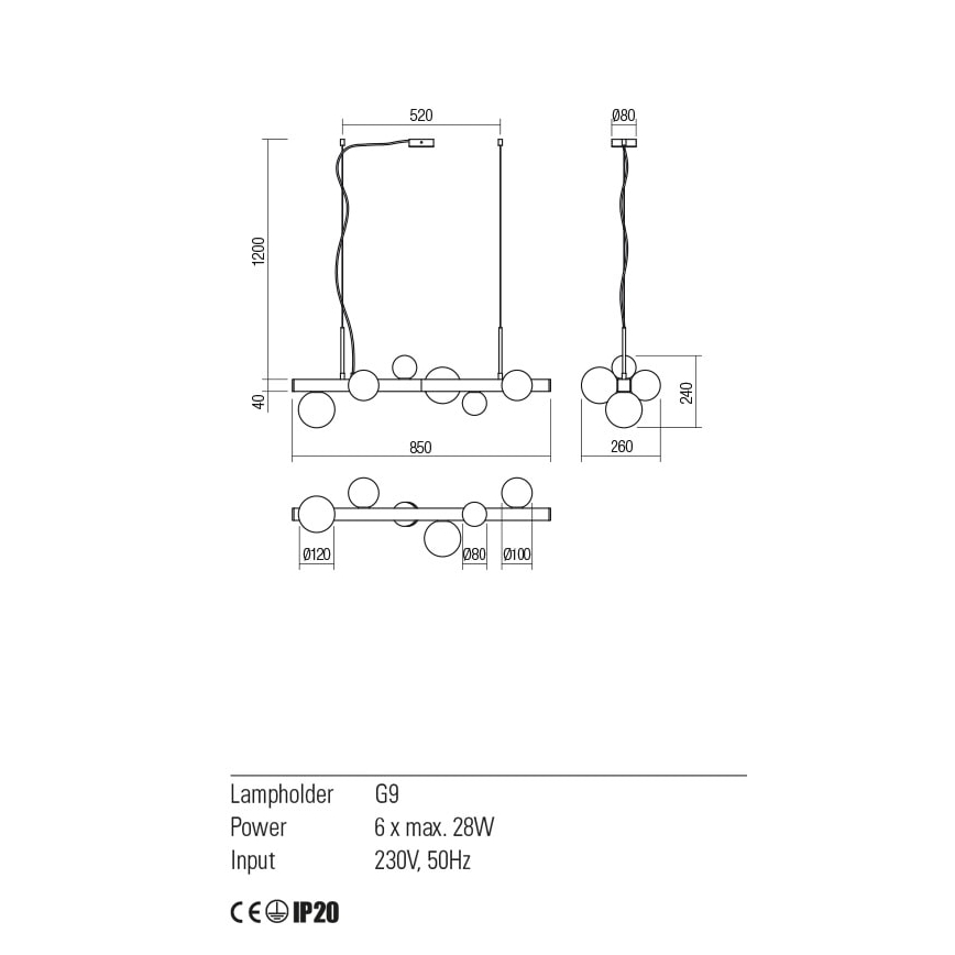 Redo 01-2374 - Πολύφωτο με συρματόσχοινο GOJI 6xG9/28W/230V χρυσαφί