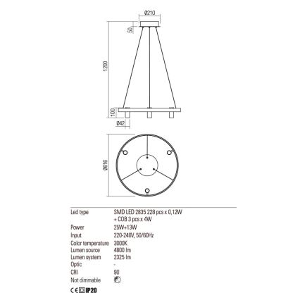 Redo 01-2490 - Κρεμαστό φωτιστικό οροφής LED SUMMIT LED/38W/230V CRI 90 διάμετρος 61,6 cm χρυσαφί