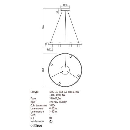 Redo 01-2492 - Κρεμαστό φωτιστικό οροφής LED SUMMIT LED/53,5W/230V CRI 90 διάμετρος 80,8 cm χρυσαφί