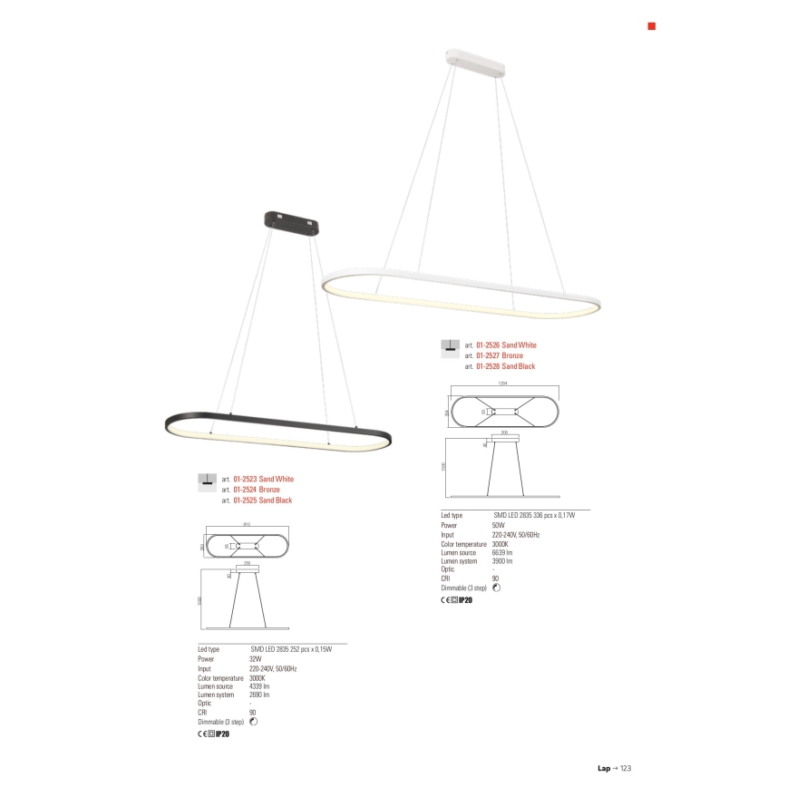 Redo 01-2523 - Led Dimmable κρεμαστό φωτιστικό οροφής LAP LED/32W/230V CRI 90 λευκό