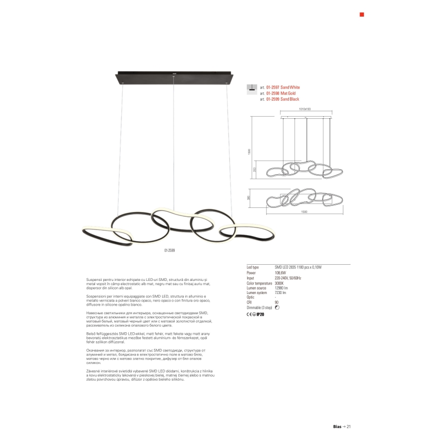 Redo 01-2599 - Led Dimmable κρεμαστό φωτιστικό οροφής BIAS LED/108,6W/230V CRI 90 3000K μαύρο