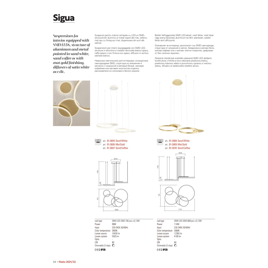 Redo 01-2608 - Ρυθμιζόμενο κρεμαστό φωτιστικό με καλώδιο SIGUA LED/114W/230V CRI 90 λευκό