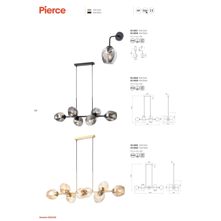 Redo 01-2617 - Λάμπα τοίχου PIERCE 1xE27/42W/230V χρυσό/φιμέ