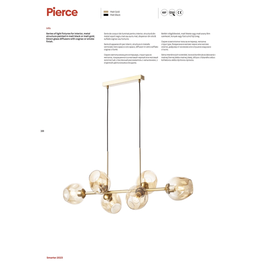 Redo 01-2619 - Κρεμαστό φωτιστικό οροφής PIERCE 6xE27/42W/230V χρυσό/φιμέ
