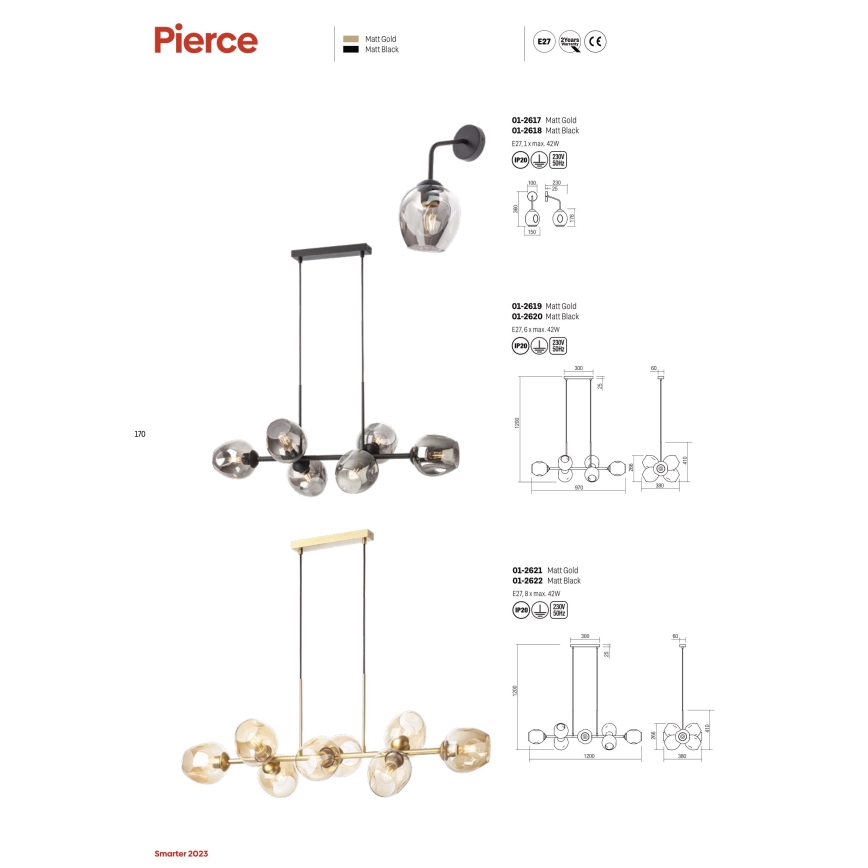 Redo 01-2622 - Κρεμαστό φωτιστικό οροφής PIERCE 8xE27/42W/230V μαύρο/φιμέ