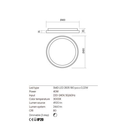 Redo 01-2667 - LED Dimmable φωτιστικό οροφής ICONIC LED/40W/230V διάμετρος 48 cm χρυσαφί