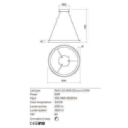 Redo 01-2673 - Led Dimmable κρεμαστό φωτιστικό οροφής ICONIC LED/50W/230V διάμετρος 58 cm χρυσαφί