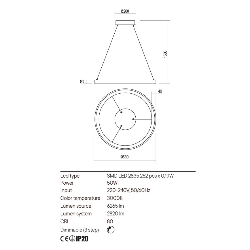 Redo 01-2674- Led Dimmable κρεμαστό φωτιστικό οροφής ICONIC LED/50W/230V διάμετρος 58 cm μαύρο