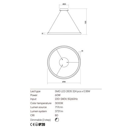 Redo 01-2676 - Led Dimmable κρεμαστό φωτιστικό οροφής ICONIC LED/60W/230V διάμετρος 78 cm χρυσαφί