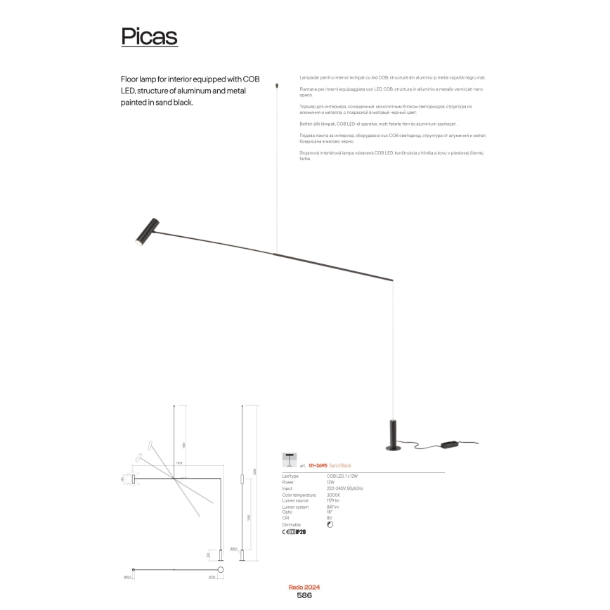Redo 01-2695 - Επιδαπέδια λάμπα dimming LED PICAS LED/12W/230V μαύρο