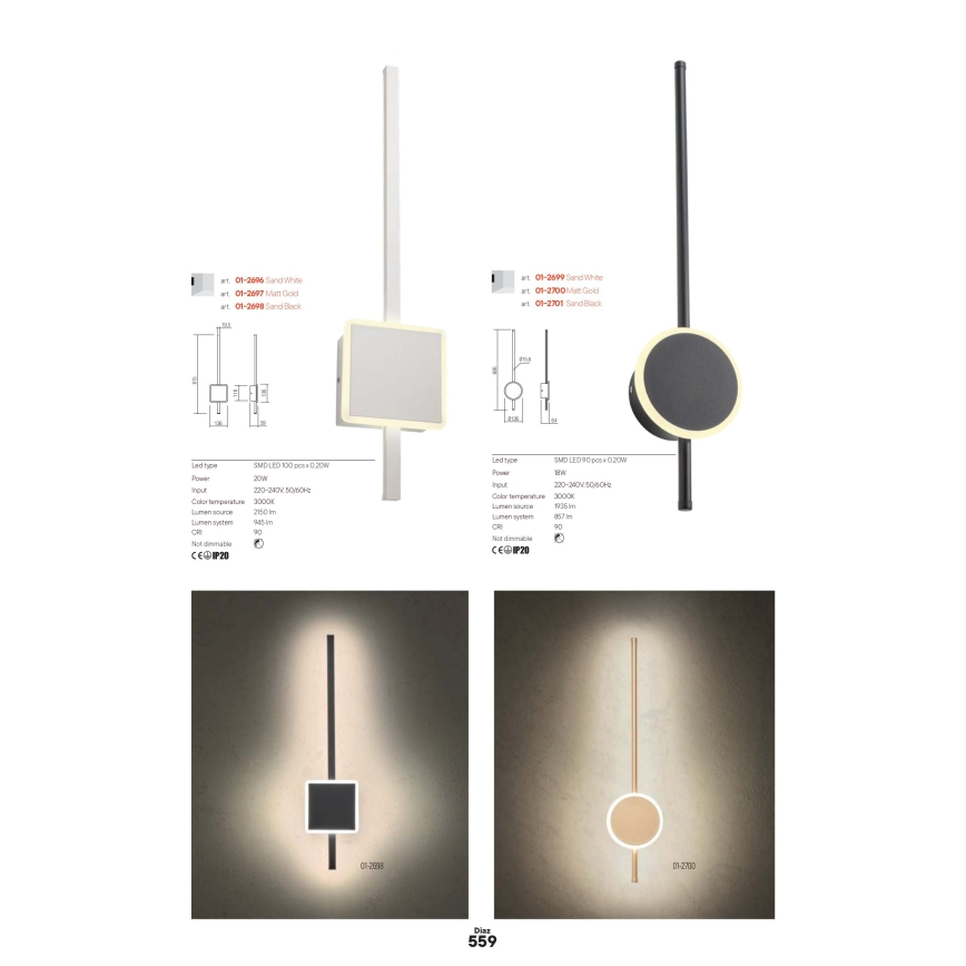 Redo 01-2696 - Επιτοίχιο LED φωτιστικό DIAZ LED/20W/230V CRI 90 λευκό