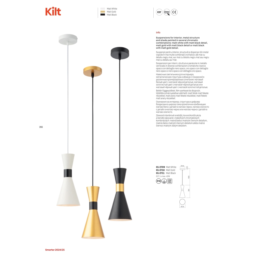 Redo 01-2710 - Κρεμαστό φωτιστικό οροφής KILT 1xE27/42W/230V διάμετρος 12 cm χρυσό