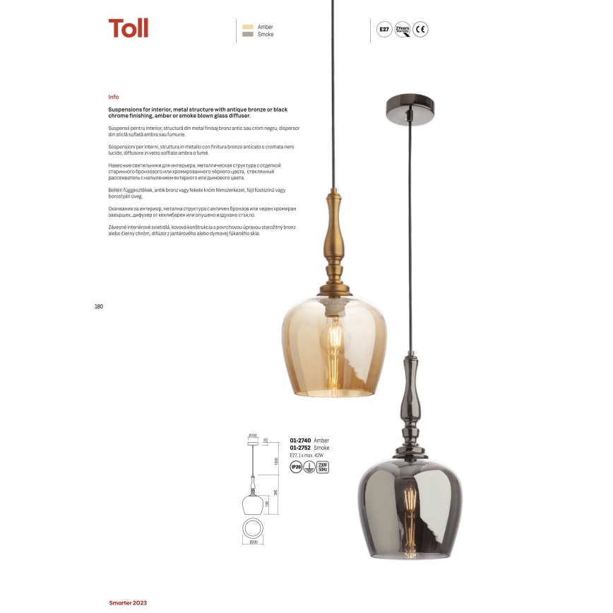 Redo 01-2740 - Κρεμαστό φωτιστικό οροφής TOLL 1xE27/42W/230V μπρονζέ