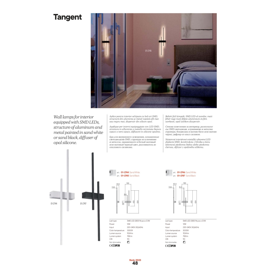 Redo 01-2747 - Επιτοίχιο φωτιστικό LED TANGENT LED/13W/230V 3000K 63,4 cm CRI 90 μαύρο