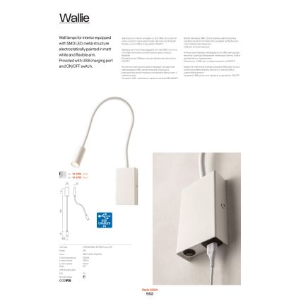 Redo 01-2754 - Λάμπα τοίχου LED WALLIE LED/3W/230V USB CRI 90 λευκό