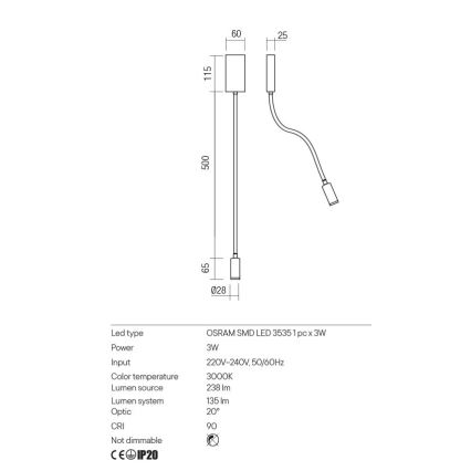 Redo 01-2754 - Λάμπα τοίχου LED WALLIE LED/3W/230V USB CRI 90 λευκό