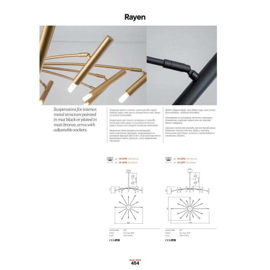 Redo 01-2776 - Κρεμαστό φωτιστικό RAYEN 16xG9/10W/230V μπρονζέ