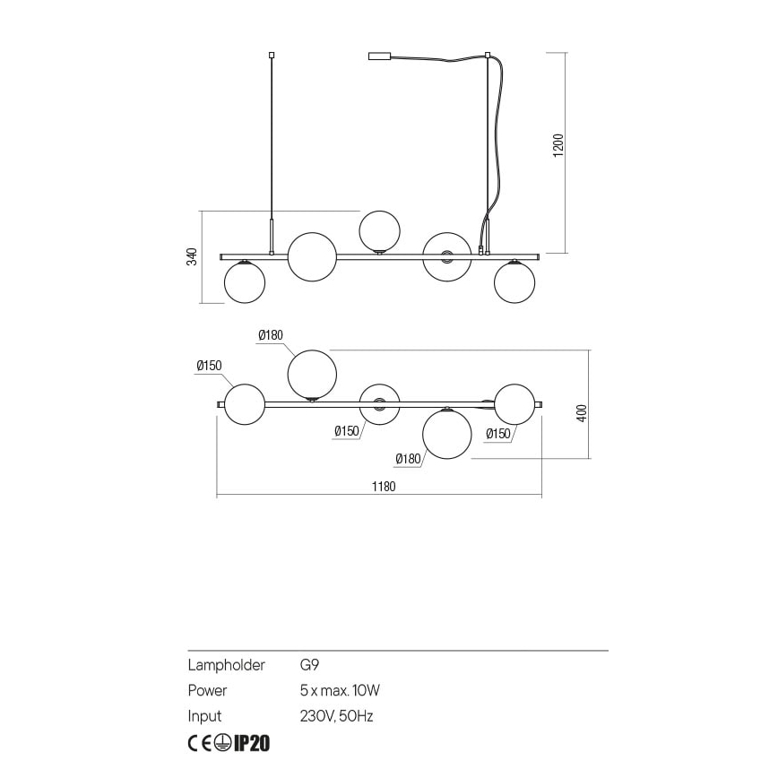 Redo 01-2779 - Κρεμαστό φωτιστικό ROY 5xG9/10W/230V