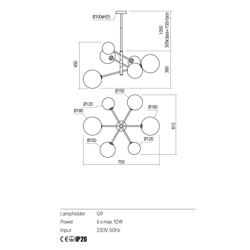 Redo 01-2780 - Κρεμαστό φωτιστικό οροφής ROY 6xG9/10W/230V
