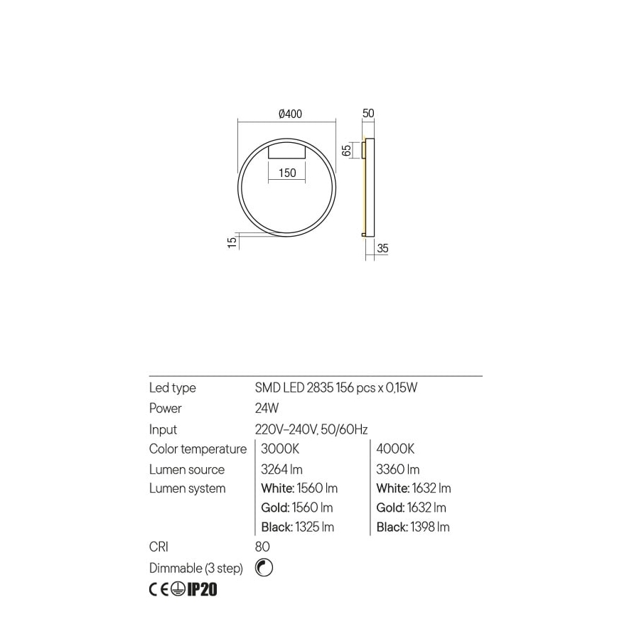 Redo 01-2817 - Επιτοίχιο φωτιστικό dimming LED FEBE LED/24W/230V χρυσαφί