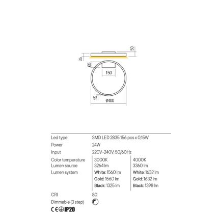 Redo 01-2835 - Επιτοίχιο φωτιστικό dimming LED FEBE LED/24W/230V χρυσαφί