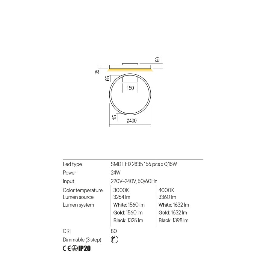 Redo 01-2835 - Επιτοίχιο φωτιστικό dimming LED FEBE LED/24W/230V χρυσαφί