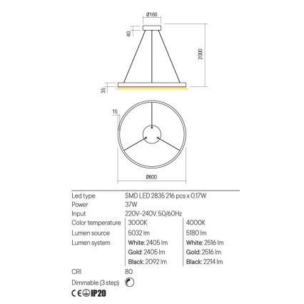 Redo 01-2865 - LED ρυθμιζόμενο κρεμαστό φωτιστικό με καλώδιο ανάρτησης FEBE LED/37W/230V χρυσό